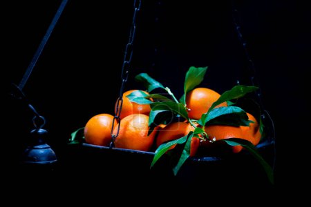 Téléchargez les photos : Oranges sur écailles ob fond noir - en image libre de droit