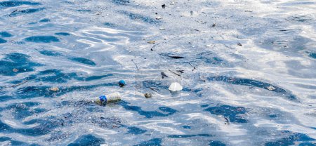 Téléchargez les photos : "eau embouteillée en plastique flottant sur un côté de la plage et autres déchets en plastique qui coulent" - en image libre de droit