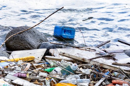 Foto de "Plastic container floating on a beach side and other plastic garbage and trashes" - Imagen libre de derechos