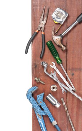 Photo for Top view of tools background on wooden surface - Royalty Free Image