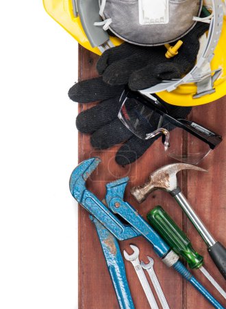 Foto de Vista superior de las herramientas de fondo en la superficie de madera - Imagen libre de derechos