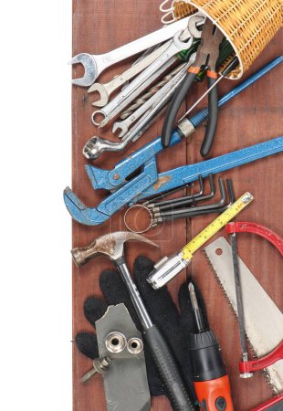 Photo for Top view of tools background on wooden surface - Royalty Free Image