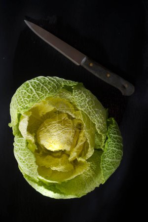 Photo for Fresh cabbage leaves with knife, top view - Royalty Free Image