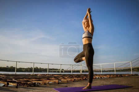 Téléchargez les photos : Jeune femme sportive faisant de l'exercice en plein air - en image libre de droit