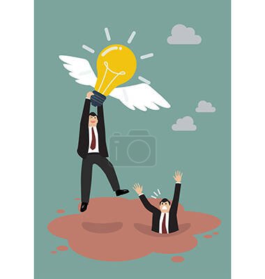 Photo for Businessman hold flying lightbulb get away from quicksand illustration - Royalty Free Image