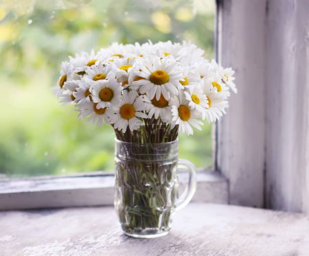 Photo for "Daisy chamomile flowers in a transparent glass jar on wooden table in country interior." - Royalty Free Image