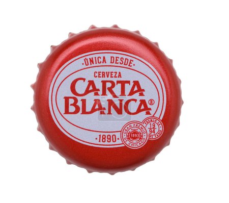 Photo for IRVINE, CALIFORNIA - 4 JUNE 2020: Closeup of a Carta Blanca beer bottle cap on white. - Royalty Free Image