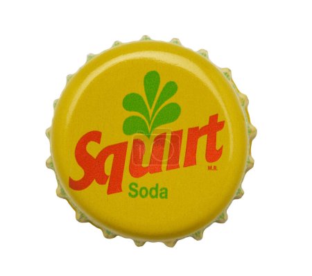 Photo for IRVINE, CALIFORNIA - 4 JUNE 2020: Closeup of a Squirt Soda beer bottle cap on white. - Royalty Free Image