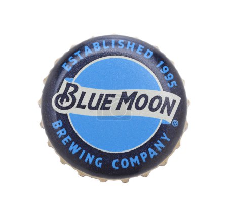 Photo for IRVINE, CALIFORNIA - 4 JUNE 2020: Closeup of a Blue Moon Belgian White Ale bottle cap on white. - Royalty Free Image