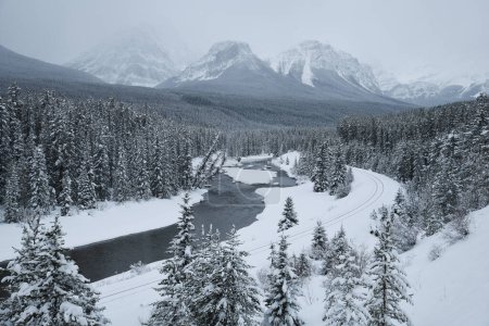 Téléchargez les photos : Scène naturelle de rivière dans les montagnes enneigées en hiver - en image libre de droit