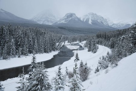 Téléchargez les photos : Paysage de rivière dans les montagnes enneigées en hiver - en image libre de droit