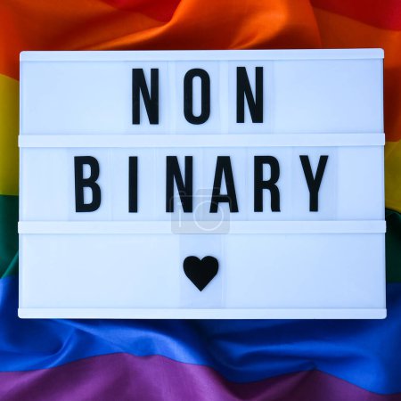 Photo for "Rainbow flag with lightbox and text NON BINARY. Rainbow lgbtq flag made from silk material. Symbol of LGBTQ pride month. Equal rights. Peace and freedom" - Royalty Free Image