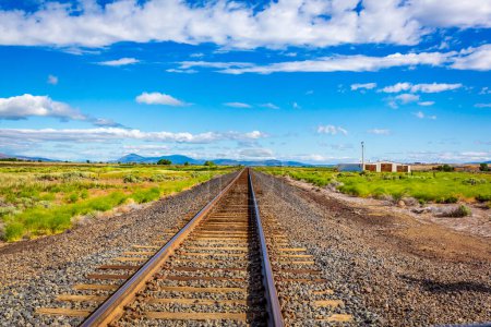 Téléchargez les photos : Train rails converge far on the horizon - en image libre de droit