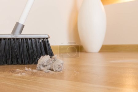 Photo for Broom on wooden floor - Royalty Free Image