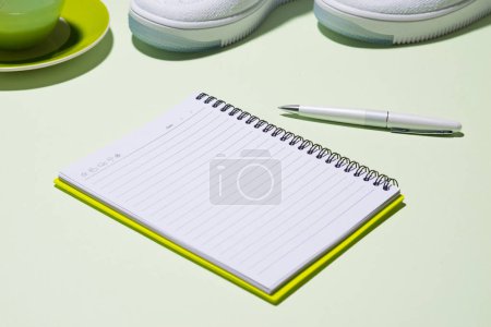 Foto de Concepto de plan fitness. Zapatillas de deporte, té, manzana y auriculares sobre fondo de color pastel con cuaderno abierto
. - Imagen libre de derechos