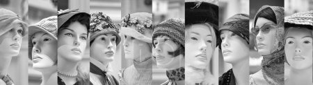 Téléchargez les photos : Mannequins portant chapeaux et écharpes, noir et blanc - en image libre de droit