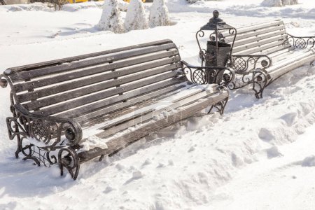 Foto de Dos bancos con papelera en parque cubierto de nieve - Imagen libre de derechos