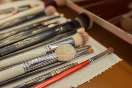 Photo for "Workplace makeup artist. set of brushes for makeup." - Royalty Free Image