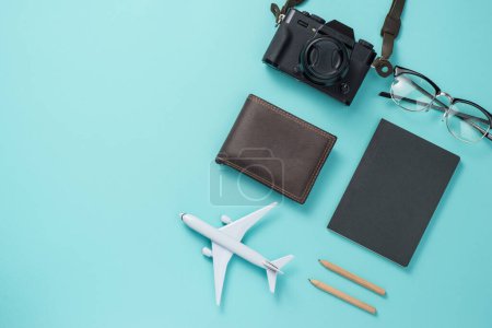 Photo for "Summer traveling concept. Vacation accessories on blue background." - Royalty Free Image