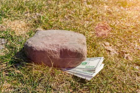 Photo for "A bundle of money lies on the ground in the grass pressed by a stone" - Royalty Free Image