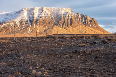 Téléchargez les photos : "Montagne couverte de neige brun doré en Islande" - en image libre de droit