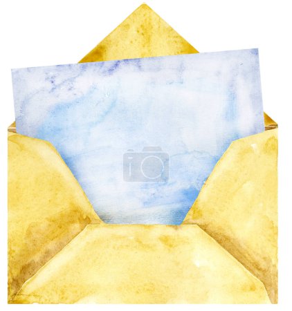 Téléchargez les photos : "Aquarelle ouverte enveloppe rétro avec papier. Élément de design peint à la main" - en image libre de droit