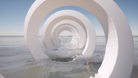 Téléchargez les photos : Moderne couloir tunnel spirale blanche sur l'eau bleue de mer rendu 3d - en image libre de droit