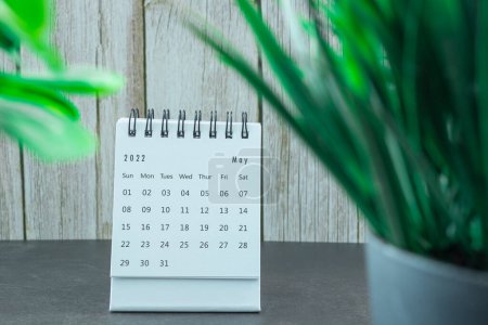 Foto de Blanco mayo 2022 calendario con maceta de la planta en un escritorio. Concepto de Año Nuevo - Imagen libre de derechos