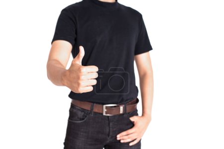 Photo for Man give thumbs up on isolated white background. Cheerful and success of people concept. Casual and Jeans theme - Royalty Free Image