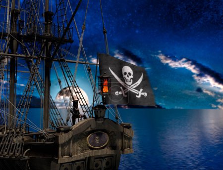 Téléchargez les photos : "Femme pirate en voilier avec drapeau au clair de lune" - en image libre de droit