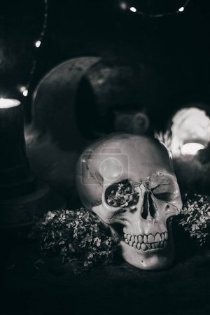 Foto de Escena de brujería oculta ritual místico halloween - scull humano, velas, flores secas, luna y búho - Imagen libre de derechos