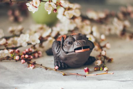 Photo for Money Toad Japanese frog in cherry blossoms - Royalty Free Image