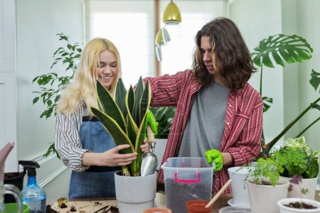 Téléchargez les photos : Les adolescents gars et fille de plantation de plantes d'intérieur en pot - en image libre de droit