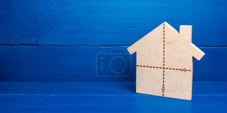 Photo for "House with marked cut lines. Fair division of property ownership in case of divorce or inheritance. Resolving ownership conflicts. Exchange real estate for several separate ones. Splitting home" - Royalty Free Image