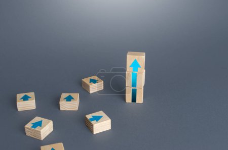 Photo for "Block tower of arrows and extra blocks. Growth, development progress concept. Achieve success. Career promotion. Step by step. improving skills. Progress and movement forward. Goal achievement." - Royalty Free Image