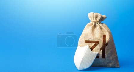 Photo for Polish zloty money bag and protection shield. Guaranteed deposits. Strength of financial system. Investment safety. Ease doing business. Sustainable banks. Fixed interest deposit. - Royalty Free Image