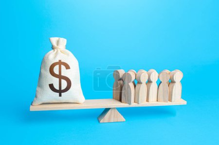 Photo for "Group of people and dollar money bag on weight scales. Required payment of staff salaries. Staff maintenance. Profit from worker productivity. Investors investments, shareholders. Financial support" - Royalty Free Image