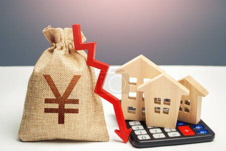 Photo for "Yuan Yen money bag with down arrow and houses on calculator. Saving resources and reducing maintaining cost, energy efficiency. Falling real estate market, low prices and demand." - Royalty Free Image
