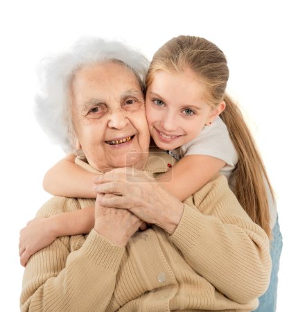 Téléchargez les photos : Petite fille avec arrière-grand-mère sur fond blanc - en image libre de droit