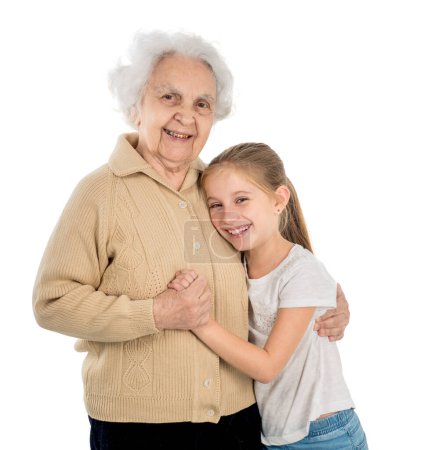 Téléchargez les photos : Petite fille avec arrière-grand-mère sur fond blanc - en image libre de droit