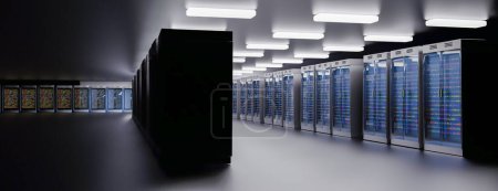 Foto de Centro de datos de la sala de servidores. Copia de seguridad, minería, alojamiento, mainframe, granja y rack de computadoras con información de almacenamiento. 3d renderizar - Imagen libre de derechos