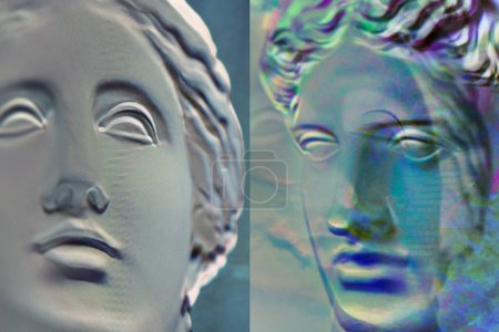 Photo for Contemporary art concept collage with antique statue head in a surreal style. Modern unusual art. Glitch effect, textured. - Royalty Free Image