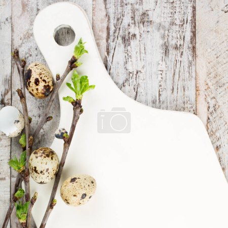 Foto de "Huevos de codorniz, ramas verdes y tabla de cortar blanca
" - Imagen libre de derechos
