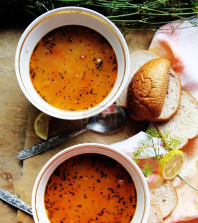 Foto de Primer plano de delicioso borscht para el fondo - Imagen libre de derechos