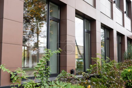 Téléchargez les photos : Aménagement paysager verdoyant près de la façade d'un immeuble d'affaires - en image libre de droit