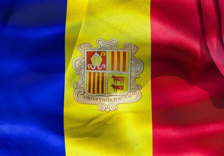 Foto de "Bandera de Andorra - Bandera de tela ondeante realista" - Imagen libre de derechos
