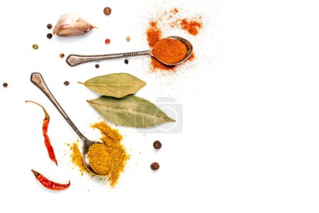 Photo for Bay leaves, garlic and chilli pepper on a white background - Royalty Free Image