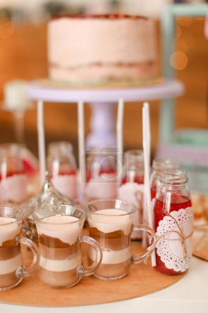 Photo for Yummy birthday cake and drinks on table. - Royalty Free Image