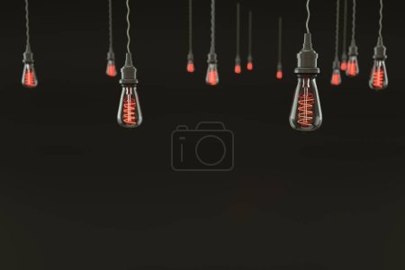 Foto de 3D renderizar un montón de bombillas retro sobre un fondo negro - Imagen libre de derechos