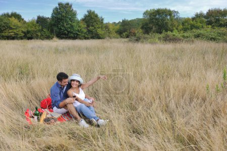 Téléchargez les photos : "couple heureux appréciant la campagne pique-nique dans l'herbe longue" - en image libre de droit